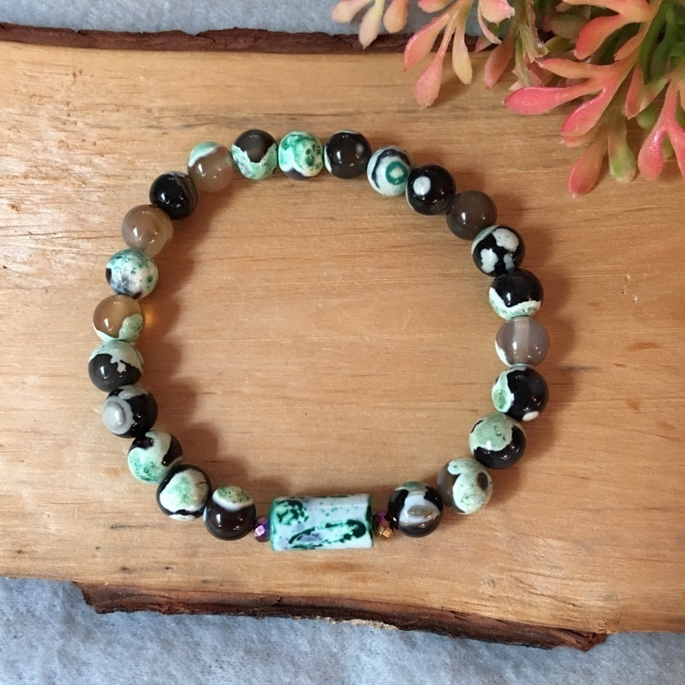 Agate stretch beaded bracelet greens, brown white